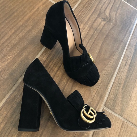 GUCCI Marmont GG Black Suede Fringe Loafer Heel 34 - Picture 4 of 8